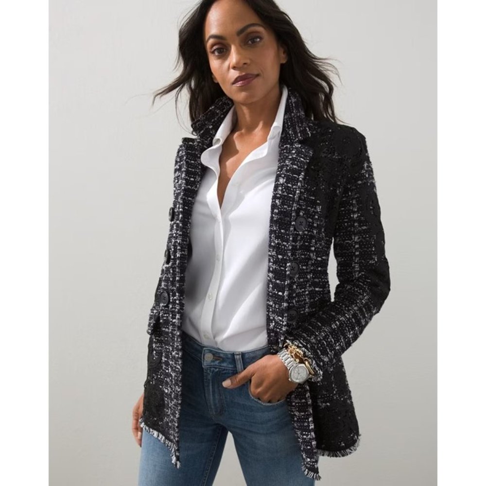 Chico's Embroidered Plaid Black and White Sweater Blazer with Lace